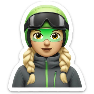 Green-eyed, fat female skier with medium-length straight blonde hair no curls, snow goggles on top of helmet, white ski helmet, gray snow jacket, green ski gloves, long black pants rolled up at the bottom, black only snow boots standing tall. sticker