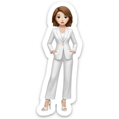 Chica blanca, traje pantalón blanco ancho, zapatos blancos tacon pelo recogido con mechones sueltos castaño ycuerpo entero sticker