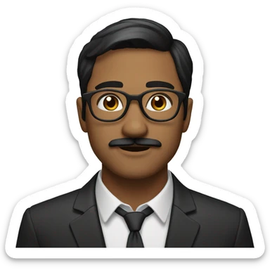 Guy with dark brown casual hair, dark brown casual moustache, wearing a suit and circular glasses sticker