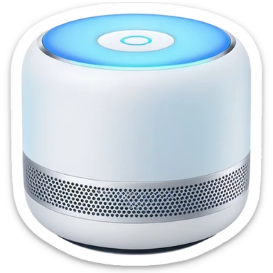 Modern Apple-style smart speaker, elegant and minimalist design with soft glow on top sticker
