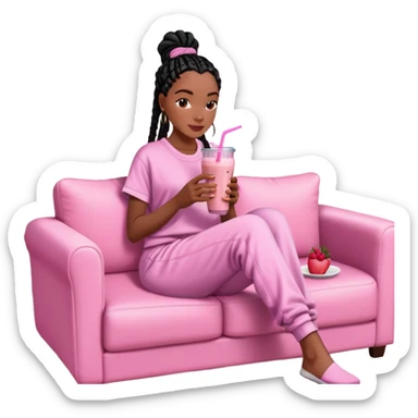 A dark-brown-skinned Black woman with black box braids, sitting on a pink couch, holding a smoothie cup with a straw, sipping and looking relaxed. She’s wearing comfy loungewear in a cozy setting. sticker