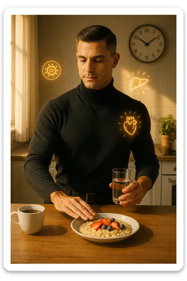 A realistic, cinematic illustration of a man in his early 30s with a fit, healthy appearance, standing in a bright kitchen in the morning. The kitchen table has a prepared but untouched healthy breakfast (oatmeal, fruit, coffee) on it, while the man, with a calm and focused expression, gently pushes the plate away with one hand while holding a glass of water in the other. A wall clock in the background shows 8:00 AM, indicating the morning fasting window, while sunlight streams in, illuminating the scene. Subtle glowing icons of a regenerating cell, a clean liver, and a heart float softly around him, symbolizing the health benefits of intermittent fasting. The atmosphere is clean, minimal, and motivating, showing that the man chooses intermittent fasting consciously for health, clarity, and energy rather than weight loss alone. The color palette is warm, with natural light and a slight film grain for depth sticker