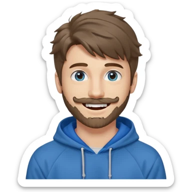 20 year old man, short scruffy beard and thin moustache, brown puffy mullet, blue eyes, big smile, white teeth, big lips, pronounced jaw, hair longer in back, sticking up on top, thin face, grey hooded sweatshirt, pale skin, big smile, blue eyes, puffy hair that is long in back sticker