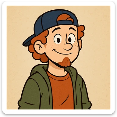 A boy with a backward cap, curly orange hair, and a goatee sticker