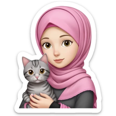White girl wearing pink hijab holding a black and grey tabby cat sticker