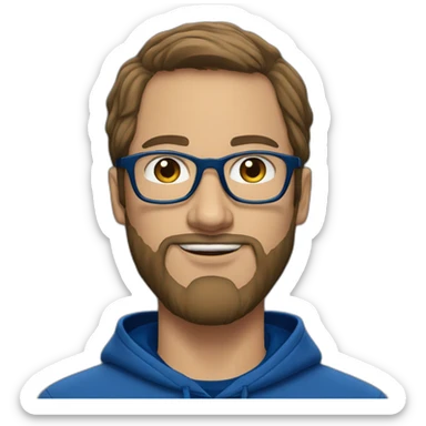 Brown hair white man with a beard and round glasses typing on apple computer wearing a dark blue nike hoodie sticker