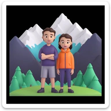 back packer couple posing, mountains in background,   close up pose sticker