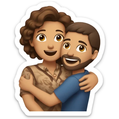 Brown-haired Puerto Rican woman with dark brown eyes wearing a cute blouse giving comforting hug to short, bald man with brown eyes, laugh lines, and a beard sticker