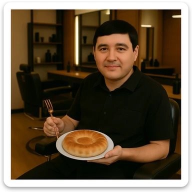 Replace the man's face in the original photo with the face from the second image. Keep the setting, lighting, body, and the bread plate exactly the same. Make sure the new face blends naturally with the skin tone and lighting of the original photo. The man should still be sitting in a barbershop chair, holding a plate with Uzbek bread and a fork, wearing black clothes sticker