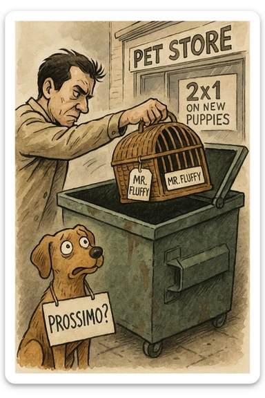 "Primo piano dell'uomo che butta il cesto del gatto (con ancora la scritta 'Mr. Fluffy') nel cassonetto, mentre il cane lo guarda terrorizzato con un cartello al collo: 'PROSSIMO?'. Sullo sfondo, un negozio di animali con l'insegna '2x1 su nuovi cuccioli'. Stile illustrazione editoriale, inchiostro e acquerello." sticker