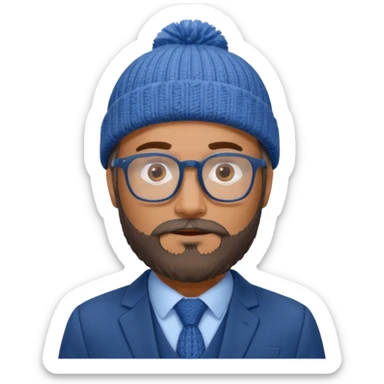 Create a figure that reflects an experienced entrepenurr but who has professional and elegant clothing, blue winter cap, grey glasses, brown eyes and an unkempt beard  sticker