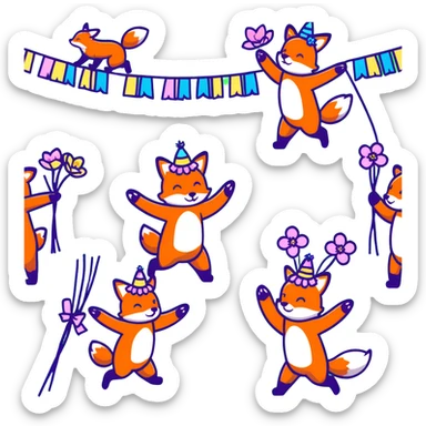 group of animals (fox, rabbit, bear) dancing around a maypole with ribbons, flower crowns, Midsommar festival atmosphere, magical spring scene sticker