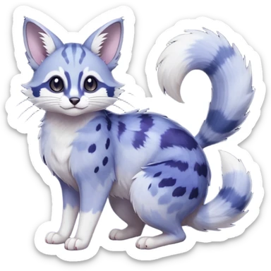  dull-colored gloomy-dark-deep-grayish-indigo-violet-gradients ghostly spectral spooky fur with random dark markings beautiful elegant pretty precious cute  Fakémon-Pokémon-opossum-feline-serval-caracal-chinchilla-Furret-Minccino-hybrid-creature with a big fluffy bushy tail (full body) sticker