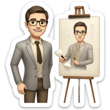 Pale skinned fit man with dark brown hair in gray jacket, beige office shirt, brown tie, brown pants and vintage glasses Writing text on a marker board sticker
