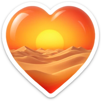 Add a realistic sun inside the glass heart, above the desert sand dunes, keep the glass look and no vegetation, 3D emoji style, with no background sticker