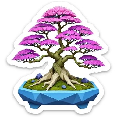 Futuristic wild glowing et alien moss maples Bonsai hair-fine-leaf group crimson crystal boxwood purple and cream pink blue informal rocky cliffhanger eight tree forest planting in shallow origami slab style pot with big feet  sticker