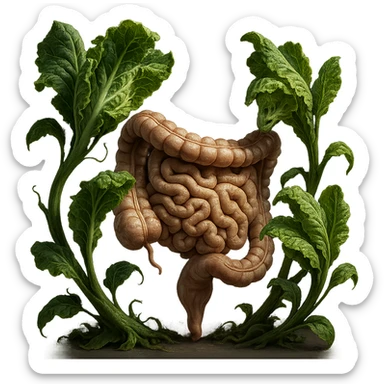 Ultra-realistic 4K illustration: stylized lettuce leaves depicted as plant-like creatures interacting with a human anatomical model of the intestine. The scene is surreal and scientific, with organic textures, refined biological details, dramatic lighting, and a bio-fantasy photorealistic style sticker