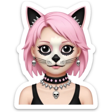 Thick black beaded choker with cat skull, silver spikes and light pink  sticker