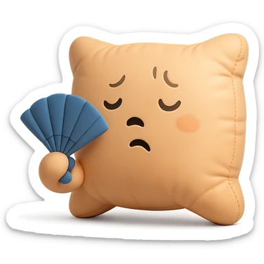 plush cushion face fanning itself, hot weather, stylized and cute, cushion style sticker
