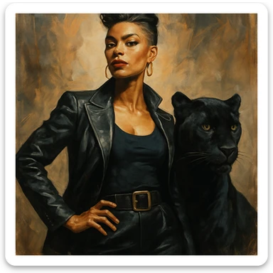 a confident woman with a panther at her side, strong, bold style, detailed, artistic sticker