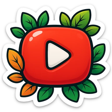 Very rounded, puffy YouTube logo in vibrant toon style with bold outline, strong graphic shadows, bright highlights, decorated with colorful leaves, no background. Extra attention to contours and shine, in the style of the reference image, but even more rounded and flat. sticker