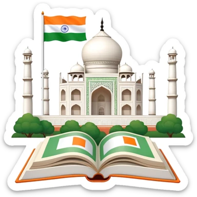 An icon featuring the Taj Mahal and the flag of India, symbolizing the Hindi language. The design includes an open book with hindi text, representing language learning and cultural richness. Transparent background highlights the heritage of India. sticker