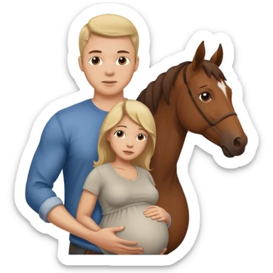 pregnant man in casual wear near horse sticker