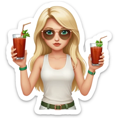 girl with long blond hair
with blue eyes
and aviator sunglasses
wearing white tank top 
holding bloody mary
wearing (rose gold apple watch with forest green band) sticker