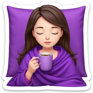 girl brunette inside a violet blanket sipping coffee from pink mug eyes closed iphone style sticker