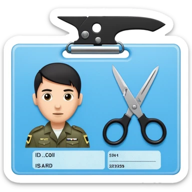 black Scissors cutting a light blue idf soldier ID card in 2 parts .hyper realistic sticker