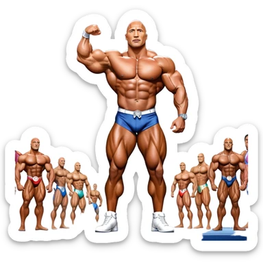 Dwayne Johnson, oiled and posing at the Mr. Universe bodybuilding championship, showcasing his muscular physique in an iconic display of strength. The background features the stage with judges and audience, capturing the intensity and prestige of the competition. Transparent background. sticker