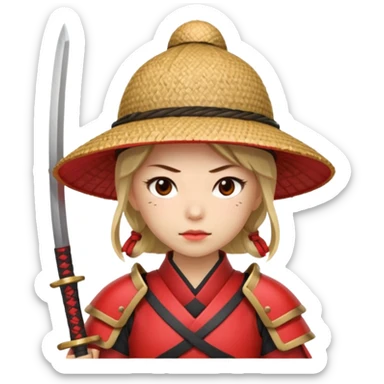 Samurai with straw hat, Warrior in red samurai armor, female, with katana sticker