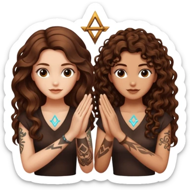 shared idea — long wavy brown hair tattooed woman and short tight curly brown hair woman — glowing rune between hands sticker