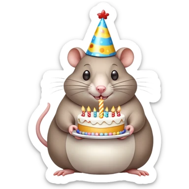 A fat rat with a birthday cake sticker