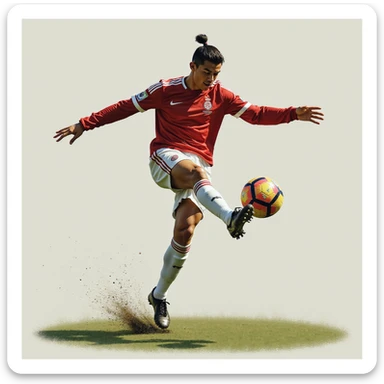 realistic illustration of a football player inspired by Cristiano Ronaldo performing a bicycle kick, photorealistic style sticker