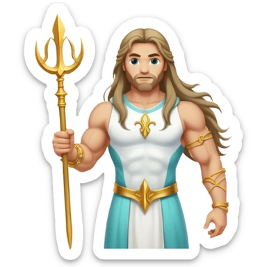 Muscular aqua colored long hair man white dress gold bracelet holding trident sticker
