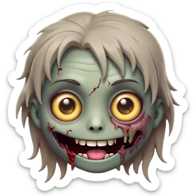 Cinematic Cute Zombie Portrait Emoji, with a delightfully quirky, slightly disheveled face in muted ashen hues, featuring quirky bright eyes and a playful, stitched-together smile, simplified yet irresistibly charming, highly detailed with a soft glowing outline that captures the adorable, offbeat spirit of a zombie who’s more cute than creepy! sticker