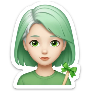 girl with green hair clip, white hair sticker