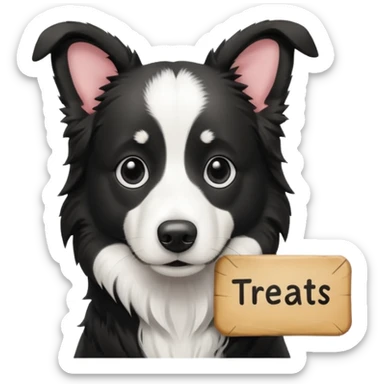 Sad border collie holding sign that says “Treats?” sticker