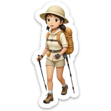 Full body japanese woman hiking on mountain trail cream clothes sticker