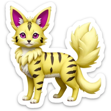 Neon-green, magenta-eyed soft natural realistic romantic vintage antique divine beautiful elegant pretty precious cute young youthful  Fakémon-Pokémon-feline-Zeraora-Jolteon-serval-caracal-chinchilla-Minccino-Cinccino-Meowstic-rodent-hybrid-creature (full body) sticker