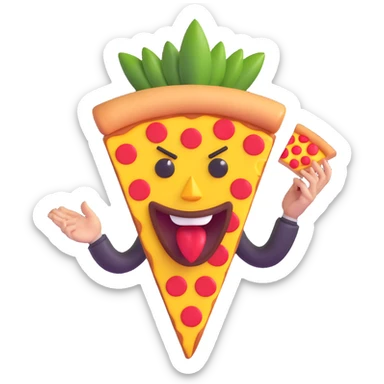 cartoon pizza slice with pineapple, red devil horns, mischievous face sticker