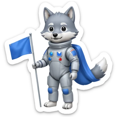 a wolf in space suit, holding blue rectangle flag, full body, front view sticker