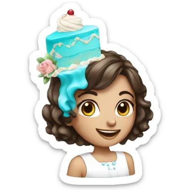 Brunette girl with highlights of cyan with cake sticker