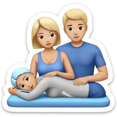 short cut busty asian woman gives a massage to a blonde haired man sticker