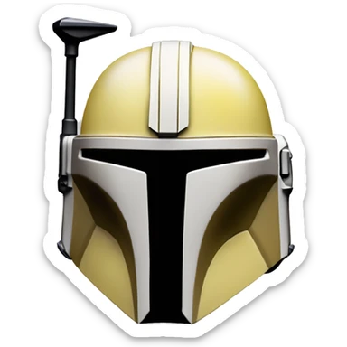 Light yellow and white colored Mandalorian helmet with antenna sticker