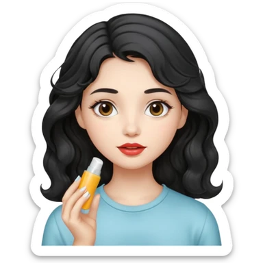 “Girl with light-black wavy hair, soft and flowing. She holds a lip balm just near her lips, about to apply it. The lip balm gives her lips a subtle glossy shine, making them look smooth, hydrated, and naturally pretty sticker