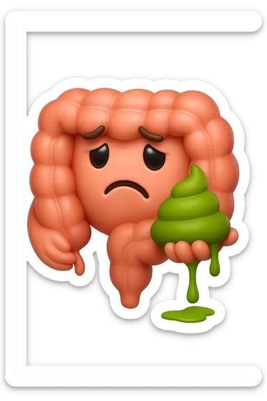 emoji stile iphone 3d di un intestino con espressione triste con cacca verde e liquida in mano , iperrealistiche 4k sticker