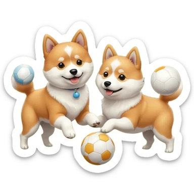 2 dogs, one ginger shiba inu and one white coton de tulear, playing with a ball in a sunny garden sticker