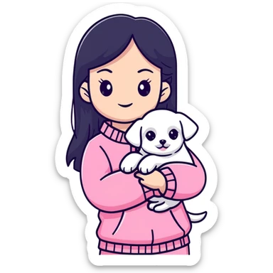 beautiful young woman with long straight black hair wearing pink clothes and holding a small white Maltese puppy sticker